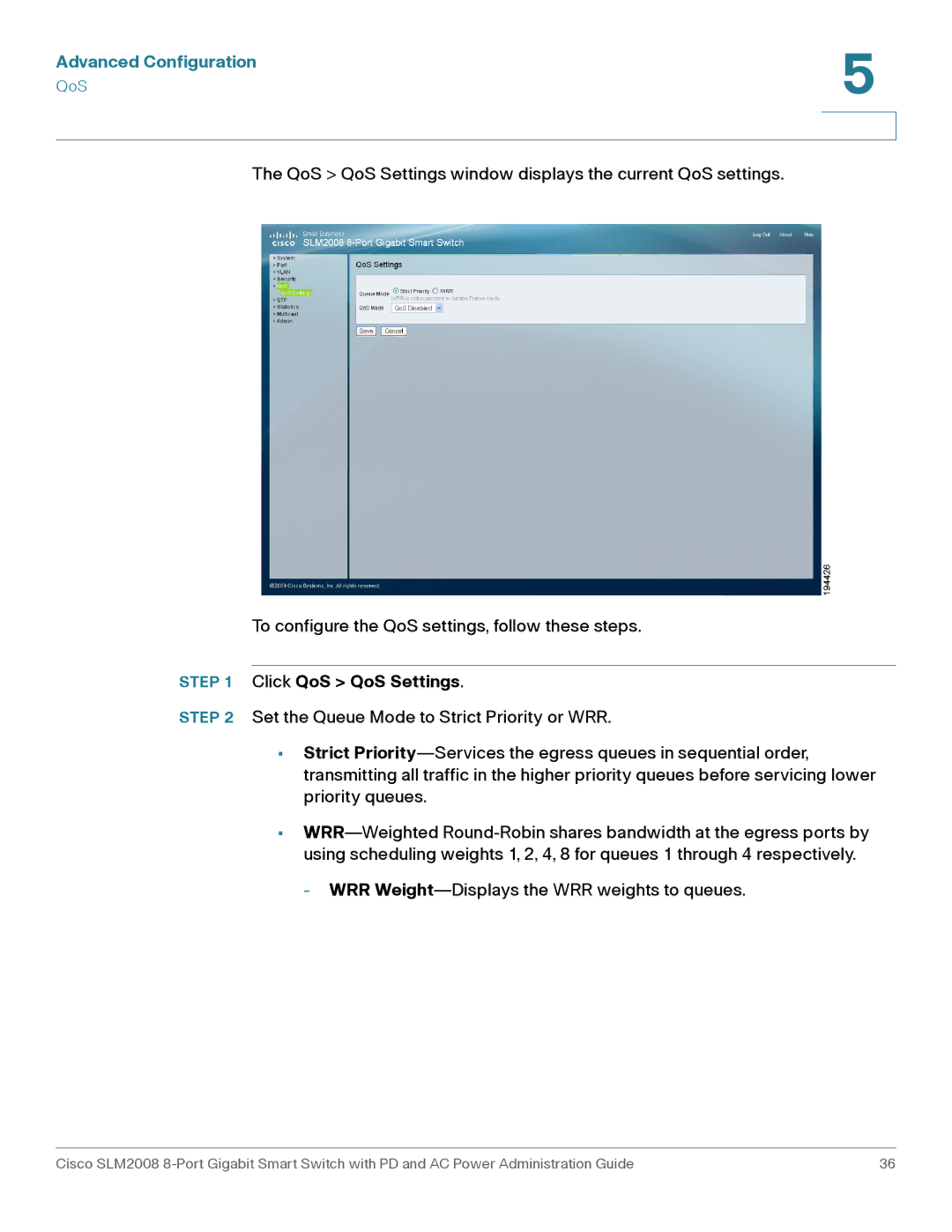 Cisco Systems SLM2008RF manual Click QoS QoS Settings 