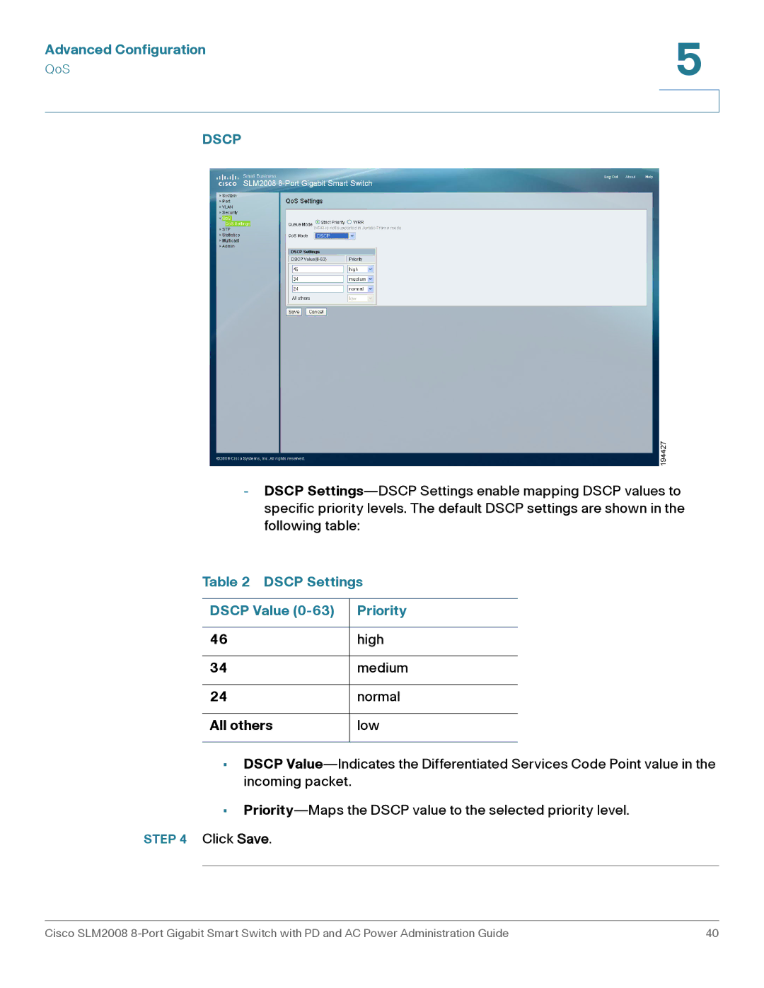 Cisco Systems SLM2008RF manual Dscp Settings Dscp Value Priority, All others 