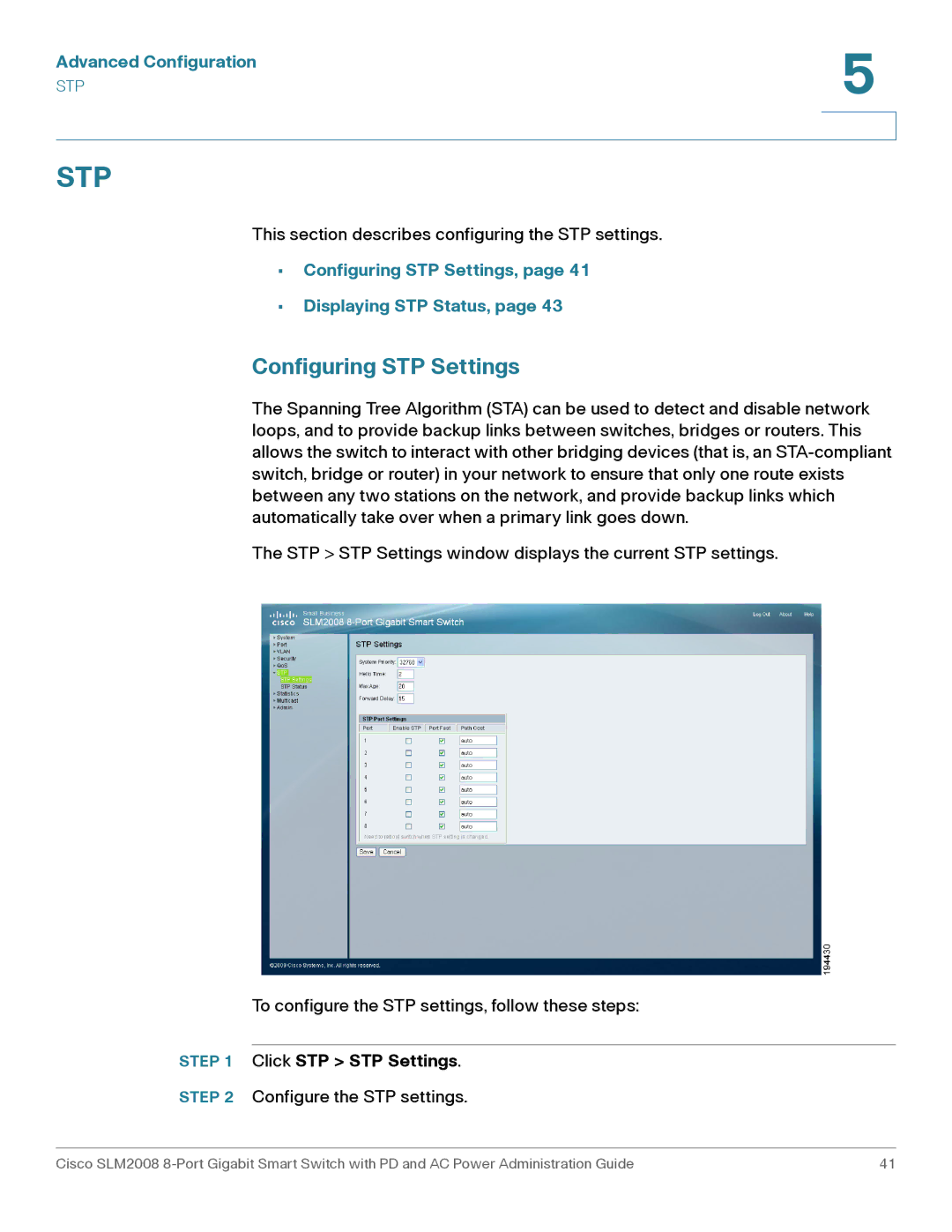 Cisco Systems SLM2008RF manual Configuring STP Settings, Displaying STP Status, Click STP STP Settings 