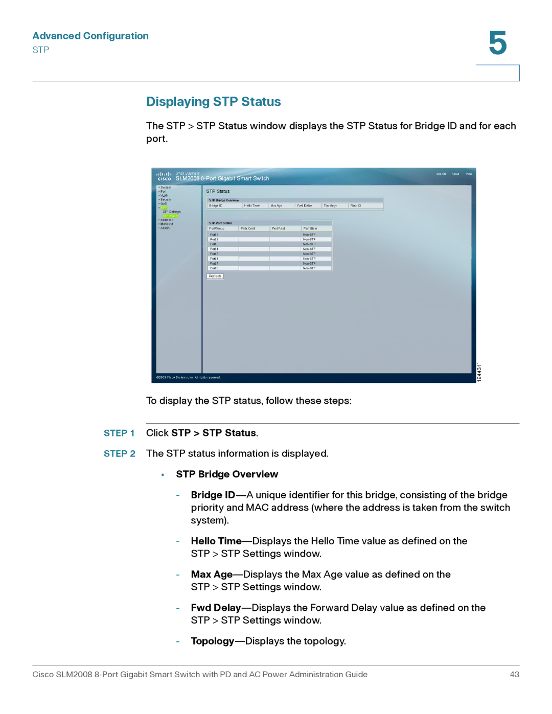 Cisco Systems SLM2008RF manual Displaying STP Status, Click STP STP Status, STP Bridge Overview 