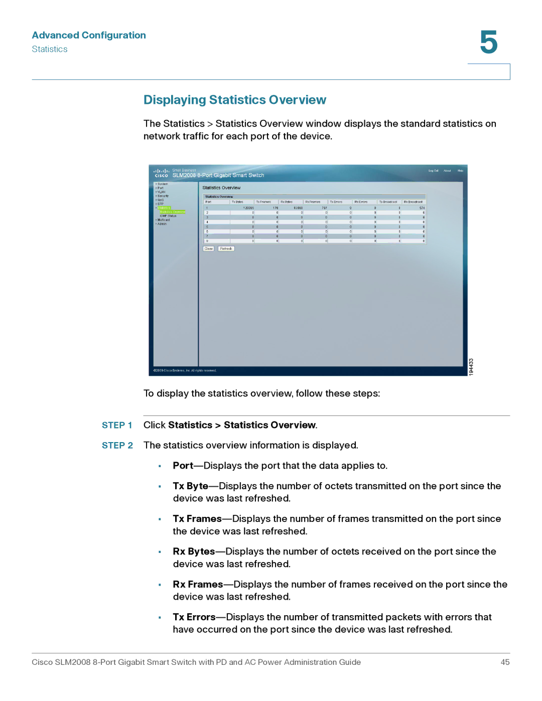 Cisco Systems SLM2008RF manual Displaying Statistics Overview, Click Statistics Statistics Overview 