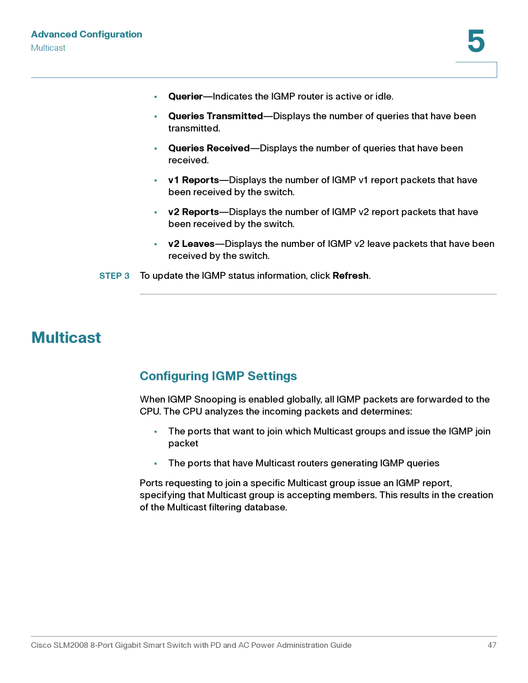 Cisco Systems SLM2008RF manual Multicast, Configuring Igmp Settings 