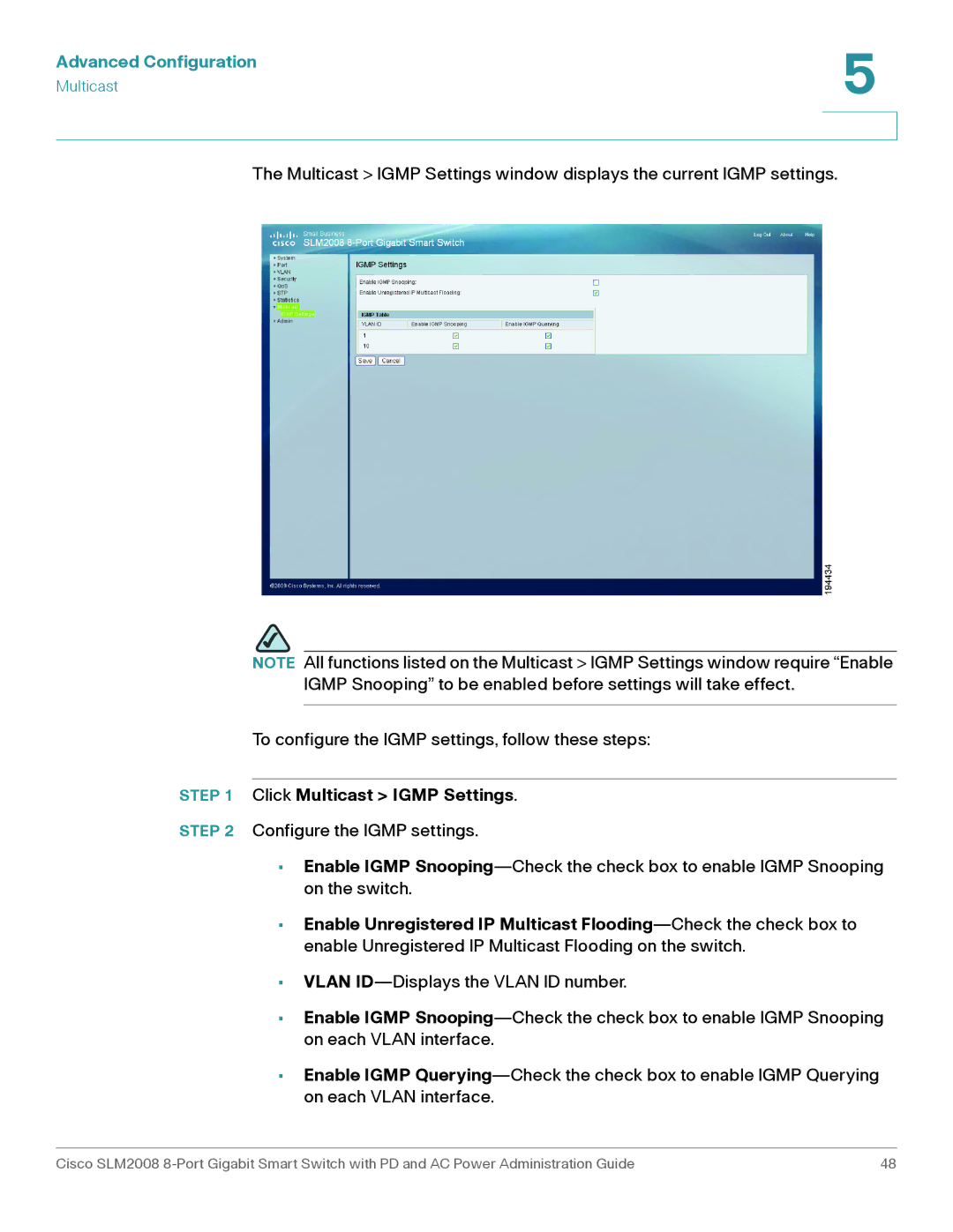 Cisco Systems SLM2008RF manual Click Multicast Igmp Settings 