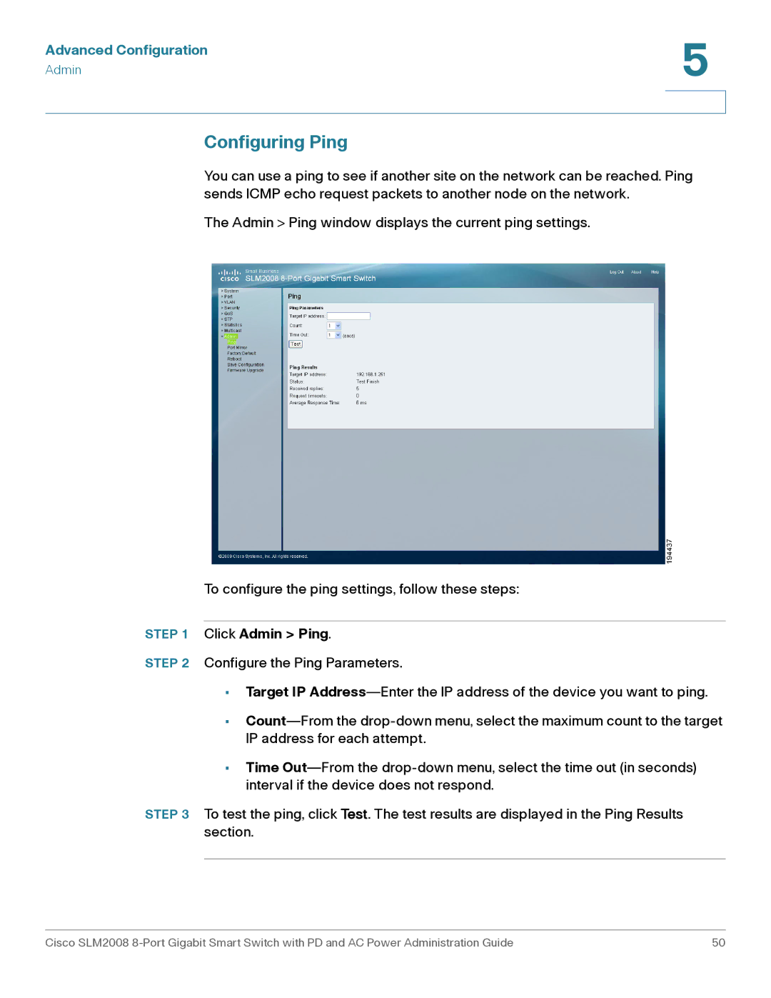 Cisco Systems SLM2008RF manual Configuring Ping, Click Admin Ping 