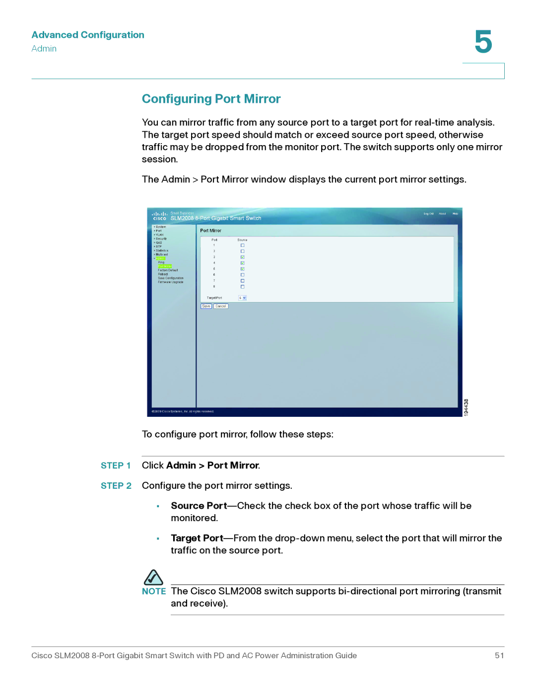 Cisco Systems SLM2008RF manual Configuring Port Mirror, Click Admin Port Mirror 