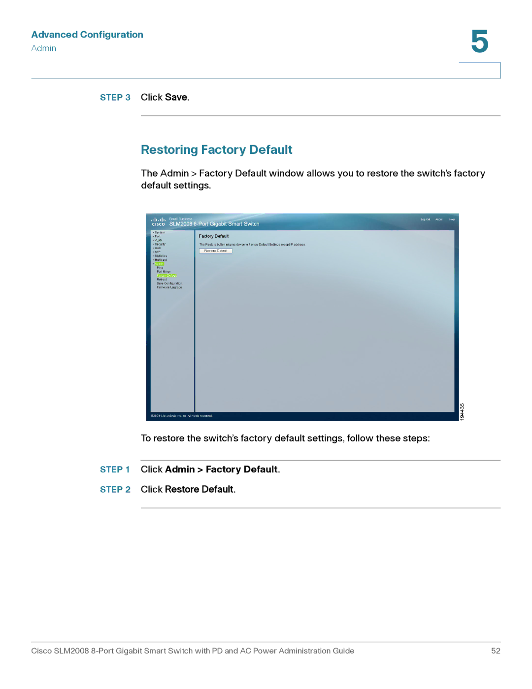 Cisco Systems SLM2008RF manual Restoring Factory Default, Click Admin Factory Default Click Restore Default 