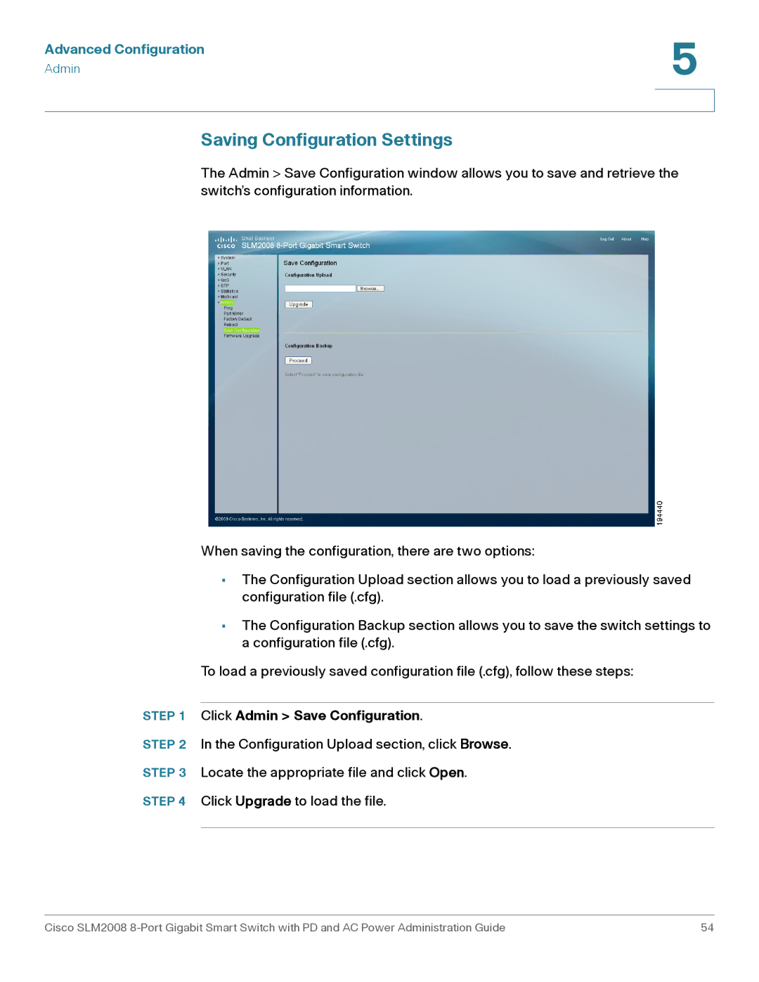 Cisco Systems SLM2008RF manual Saving Configuration Settings, Click Admin Save Configuration 