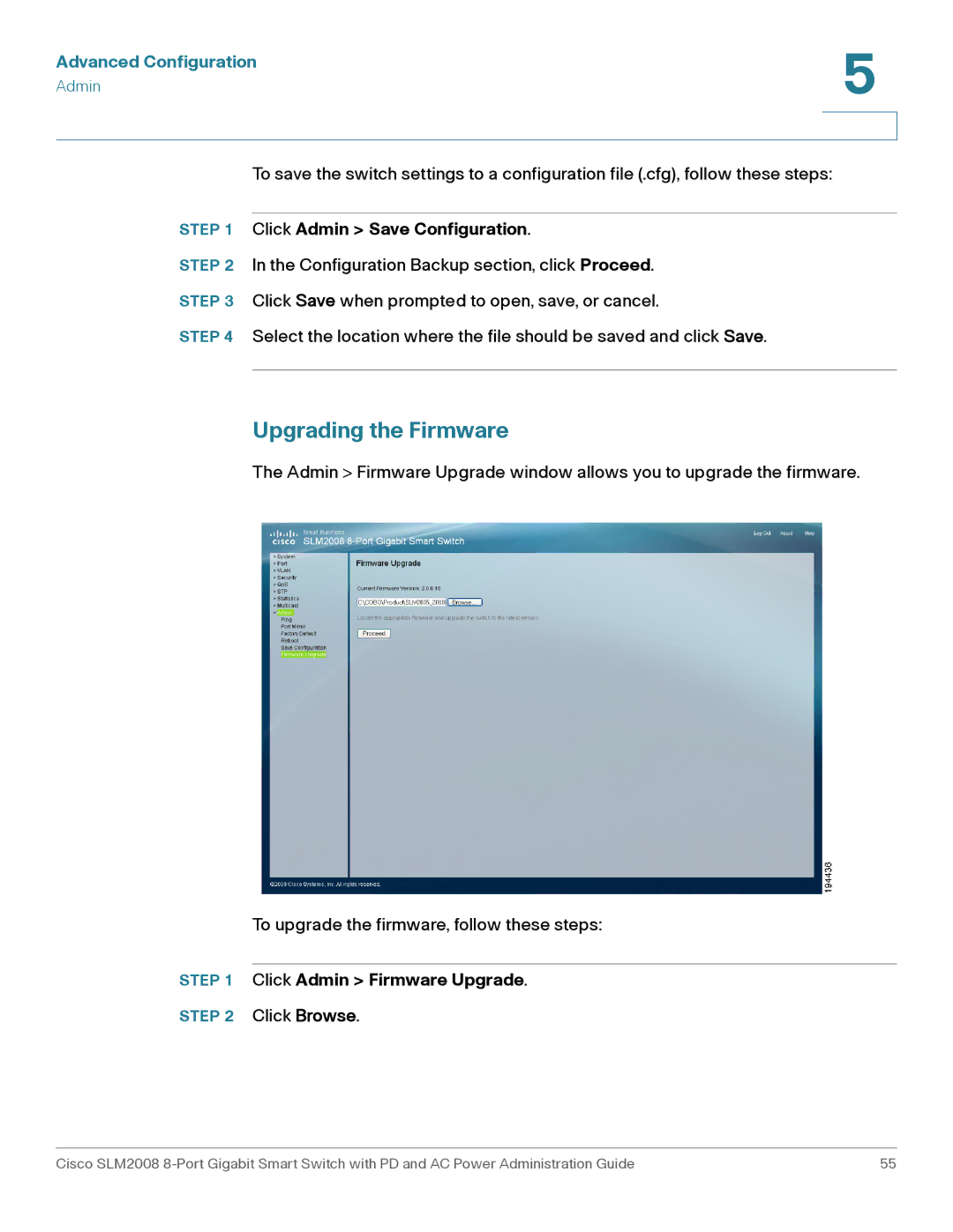 Cisco Systems SLM2008RF manual Upgrading the Firmware, Click Admin Firmware Upgrade 