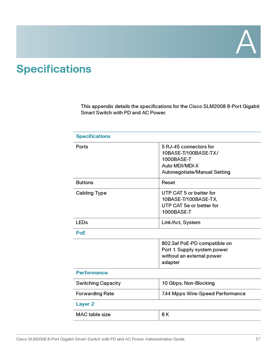 Cisco Systems SLM2008RF manual Specifications, PoE, Performance, Layer 