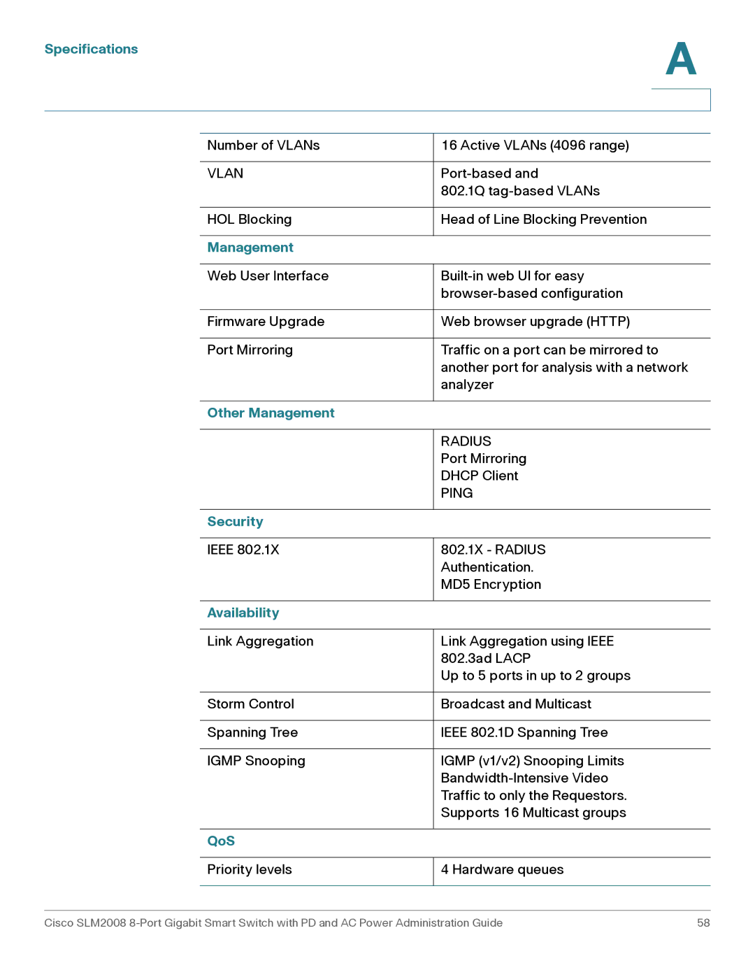 Cisco Systems SLM2008RF manual Other Management, Security, Availability, QoS 