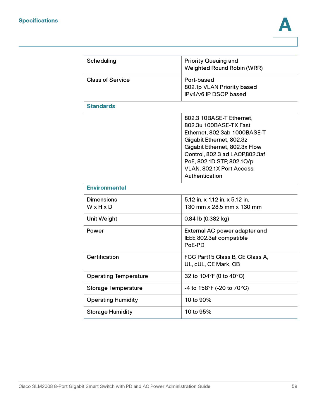 Cisco Systems SLM2008RF manual Standards, Environmental 