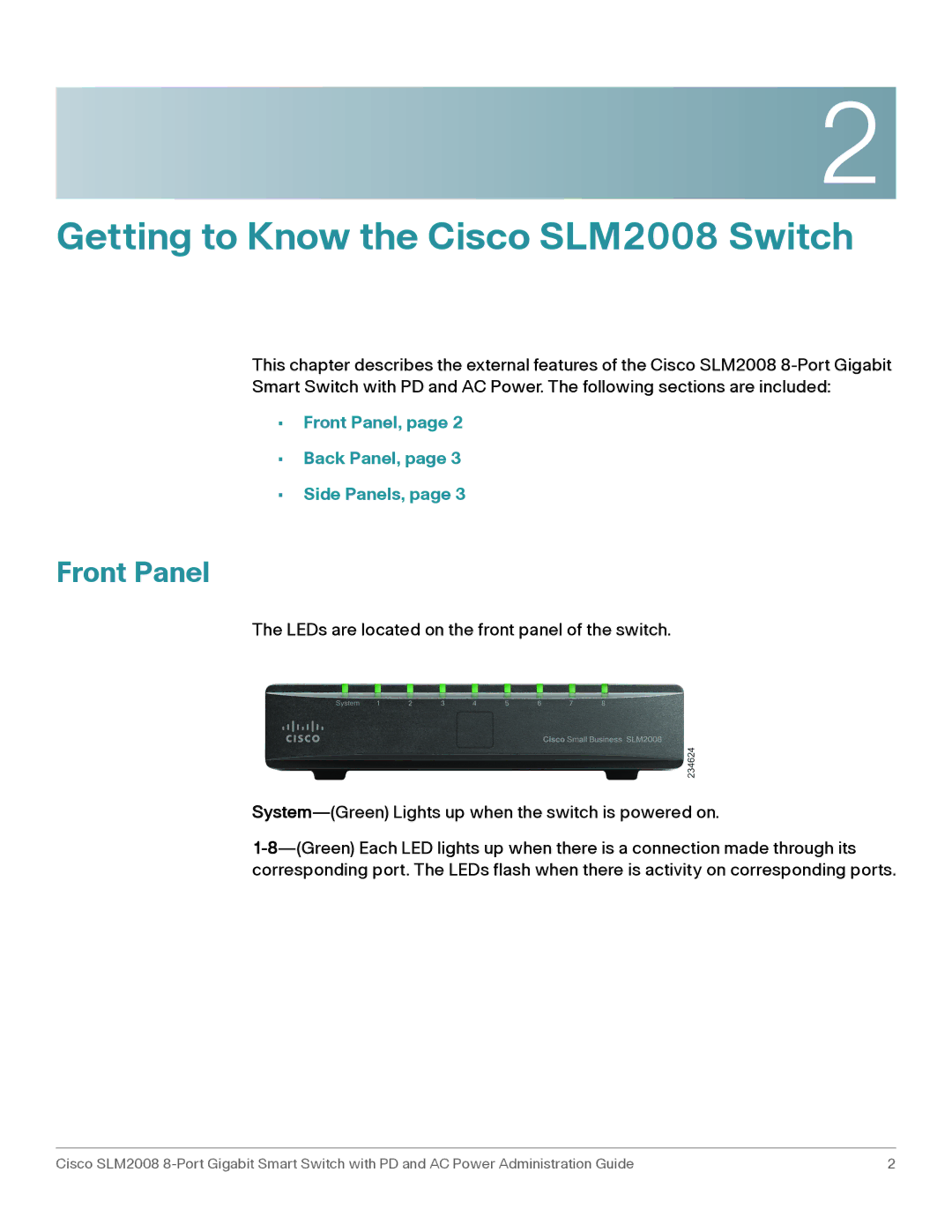 Cisco Systems SLM2008RF manual Front Panel, Back Panel, Side Panels 