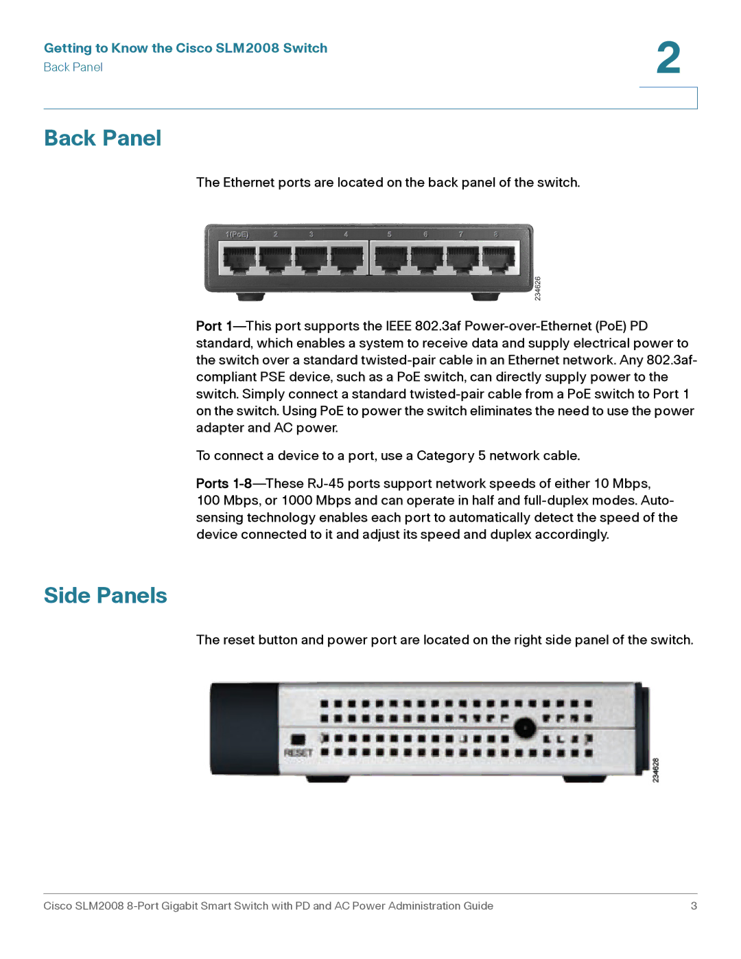 Cisco Systems SLM2008RF manual Back Panel, Side Panels, Getting to Know the Cisco SLM2008 Switch 