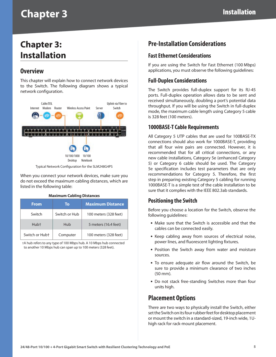 Cisco Systems SLM248G4PS, SLM224G4PS Chapter Installation, Overview, Pre-Installation Considerations, Placement Options 