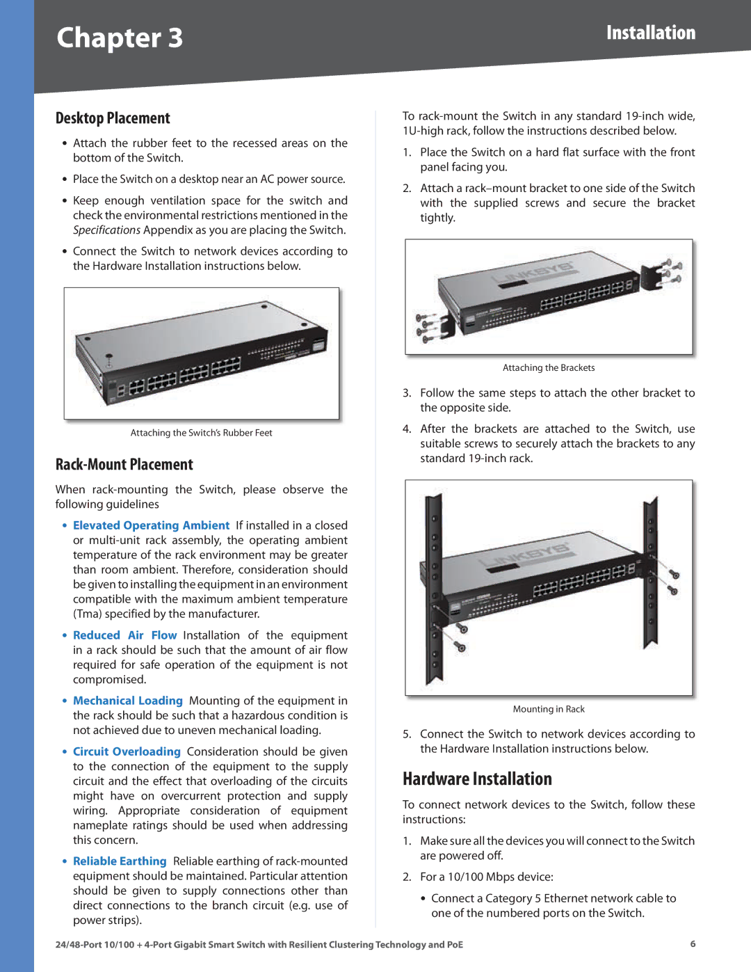 Cisco Systems SLM224G4PS, SLM248G4PS manual Hardware Installation, Desktop Placement, Rack-Mount Placement 