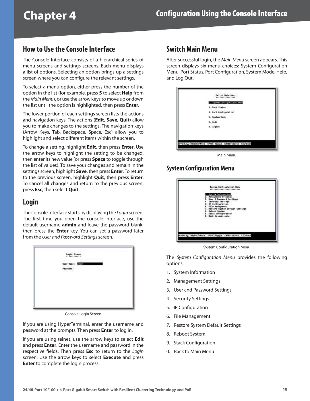 Cisco Systems SLM224G4PS, SLM248G4PS How to Use the Console Interface, Login, Switch Main Menu, System Configuration Menu 