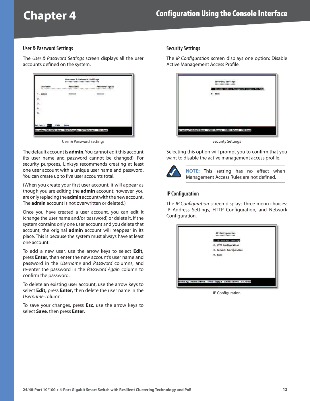 Cisco Systems SLM224G4PS, SLM248G4PS manual User & Password Settings, Security Settings, IP Configuration 