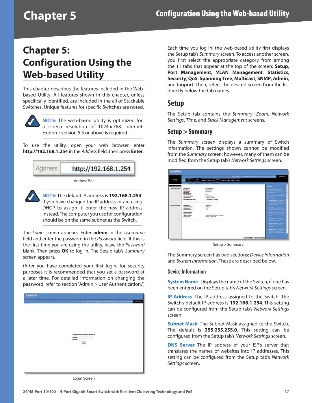 Cisco Systems SLM248G4PS, SLM224G4PS Chapter Configuration Using Web-based Utility, Setup Summary, Device Information 