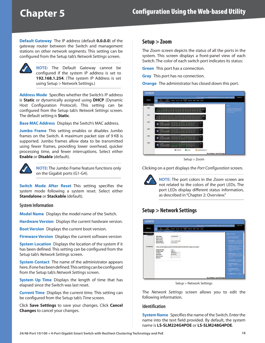 Cisco Systems SLM224G4PS, SLM248G4PS manual Setup Zoom, Setup Network Settings, Identification 