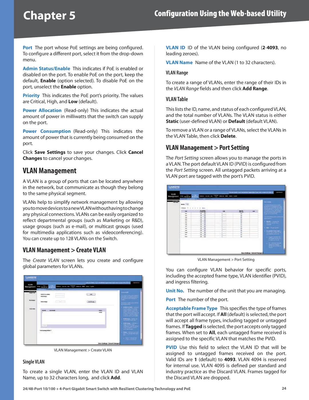 Cisco Systems SLM224G4PS, SLM248G4PS manual Vlan Management Create Vlan, Vlan Management Port Setting, Vlan Table 