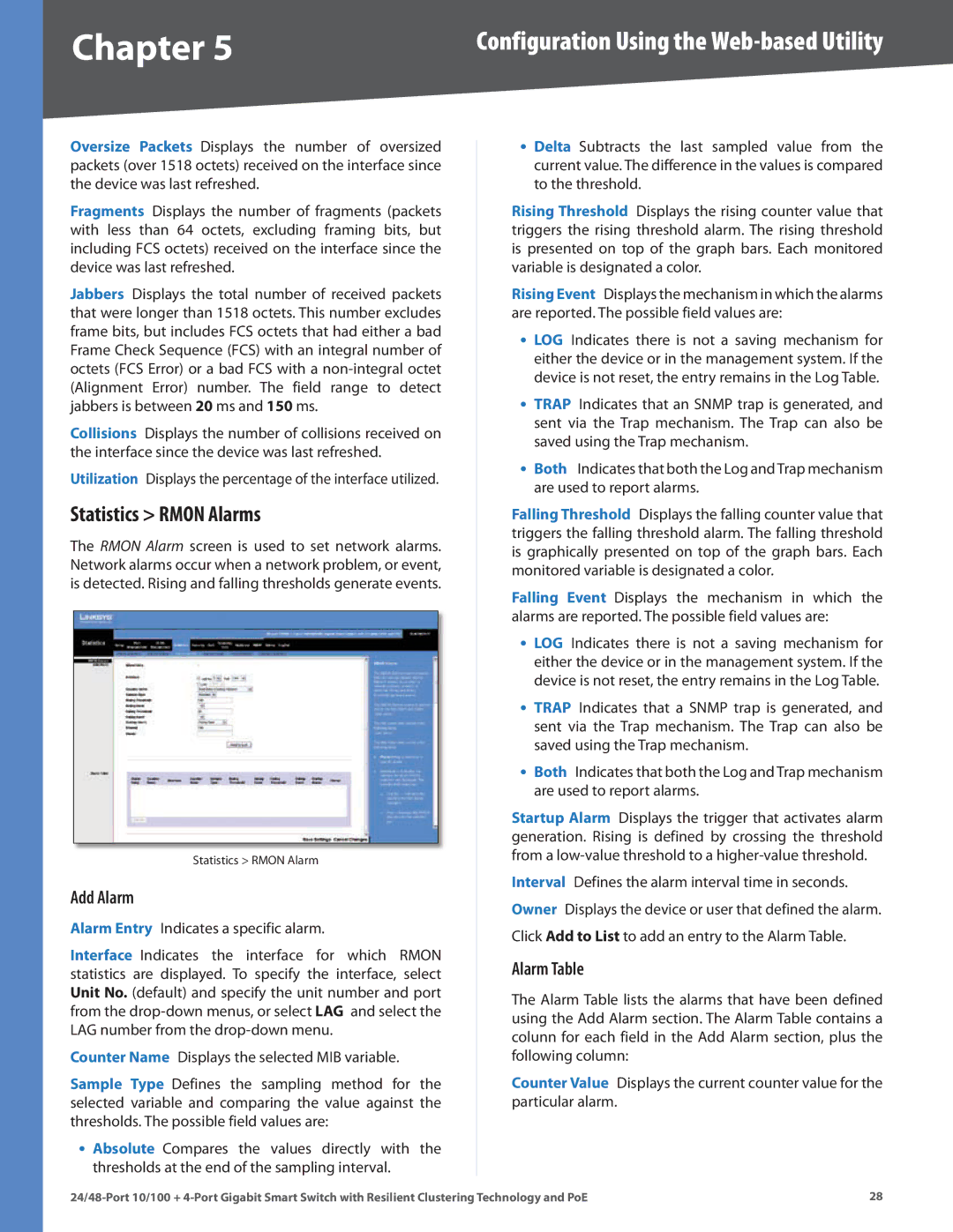 Cisco Systems SLM224G4PS, SLM248G4PS manual Statistics Rmon Alarms, Add Alarm, Alarm Table 