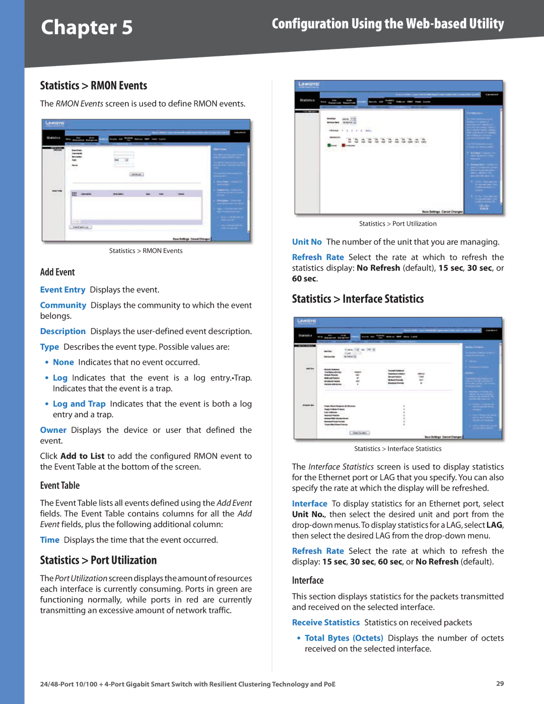 Cisco Systems SLM248G4PS, SLM224G4PS Statistics Rmon Events, Statistics Port Utilization, Statistics Interface Statistics 