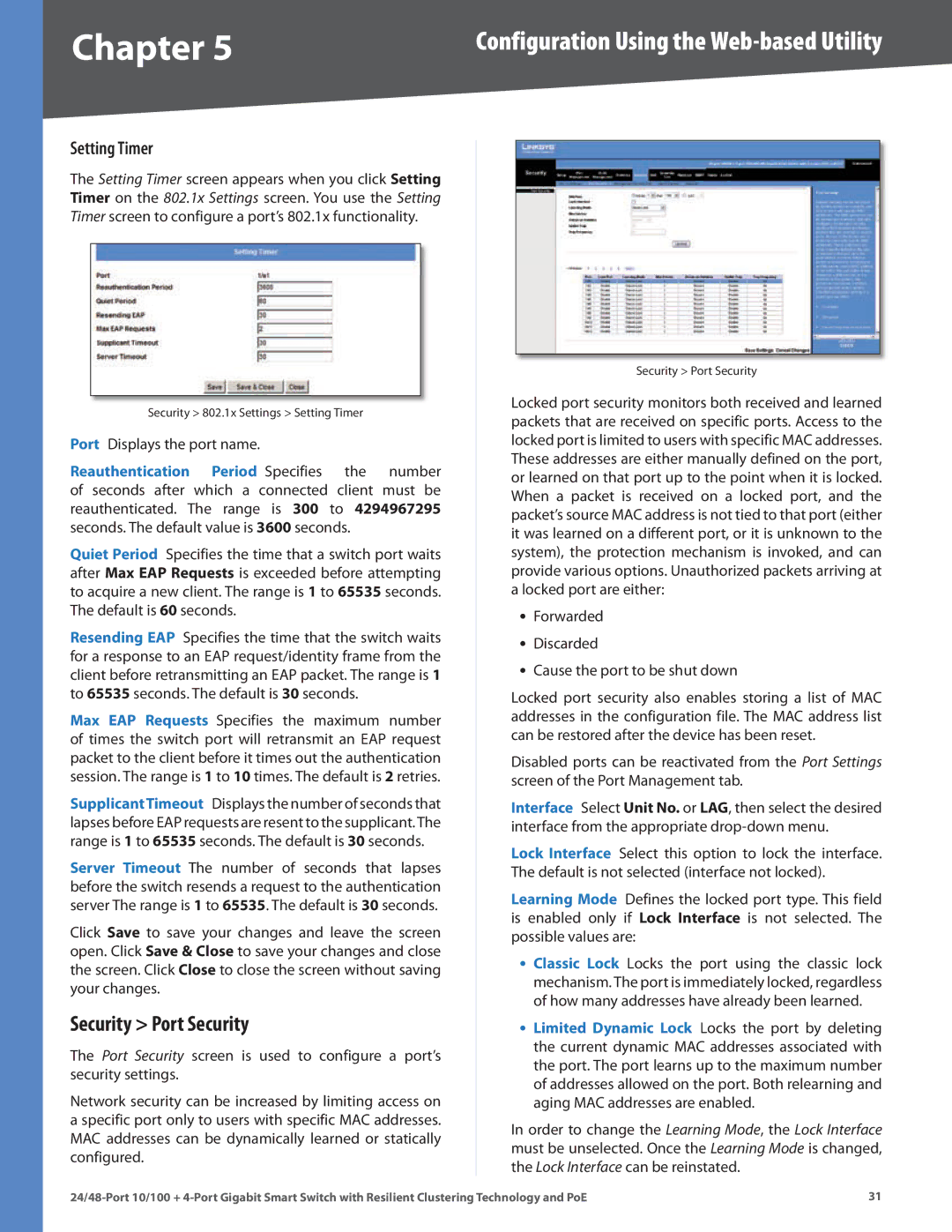 Cisco Systems SLM248G4PS, SLM224G4PS manual Security Port Security, Setting Timer 
