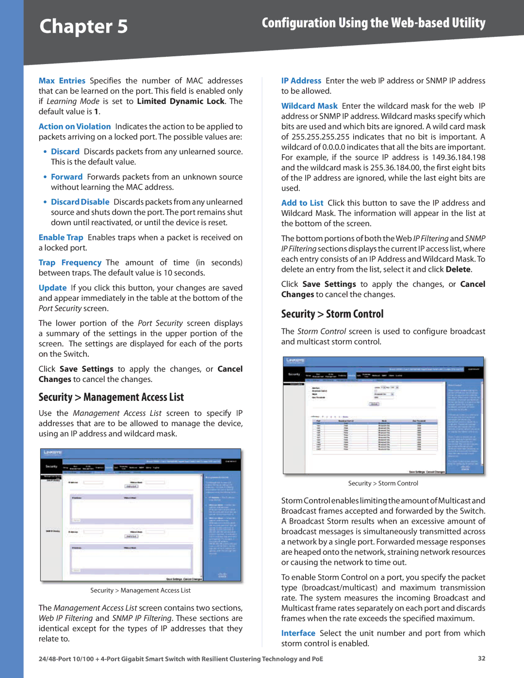 Cisco Systems SLM224G4PS, SLM248G4PS manual Security Management Access List, Security Storm Control 