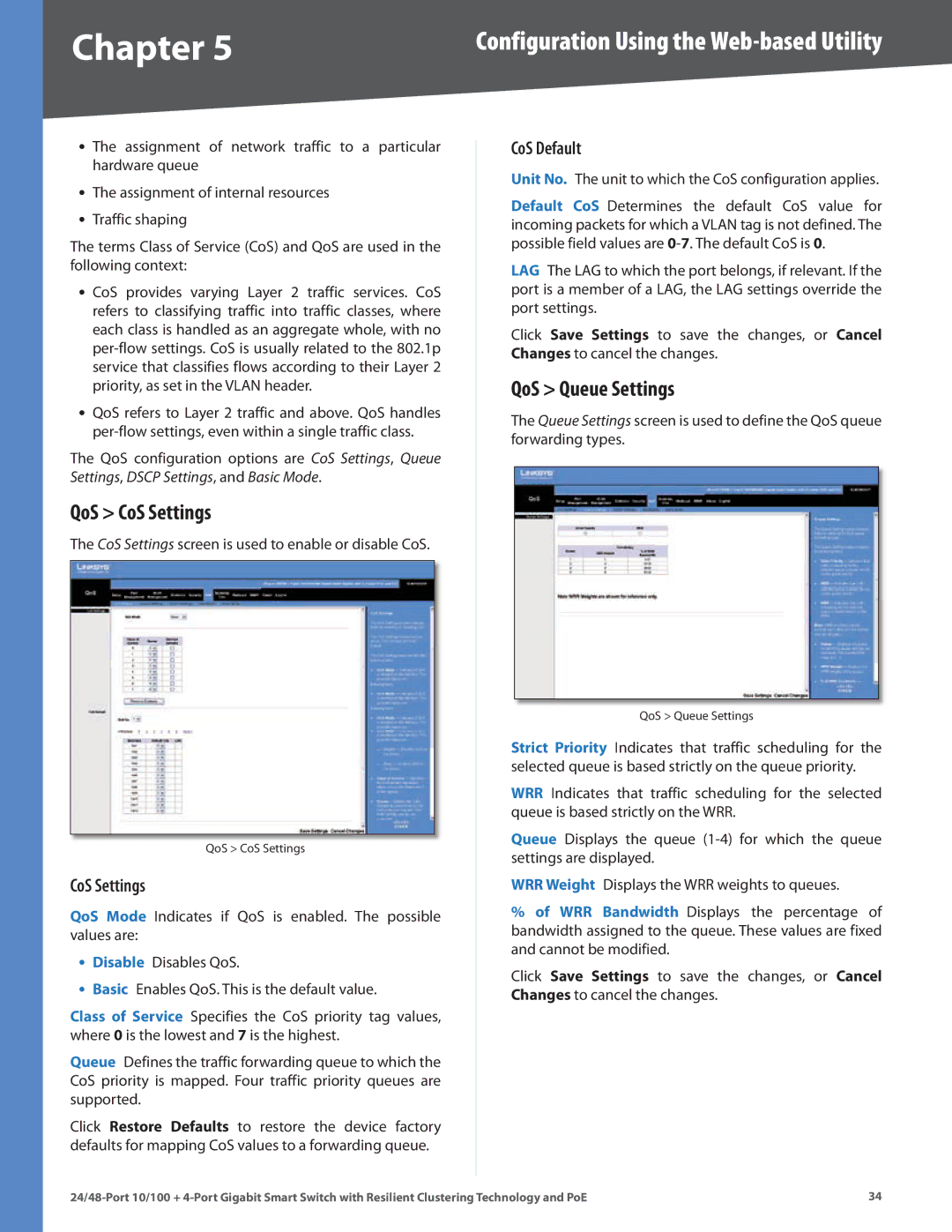 Cisco Systems SLM224G4PS, SLM248G4PS manual QoS CoS Settings, QoS Queue Settings, CoS Default 