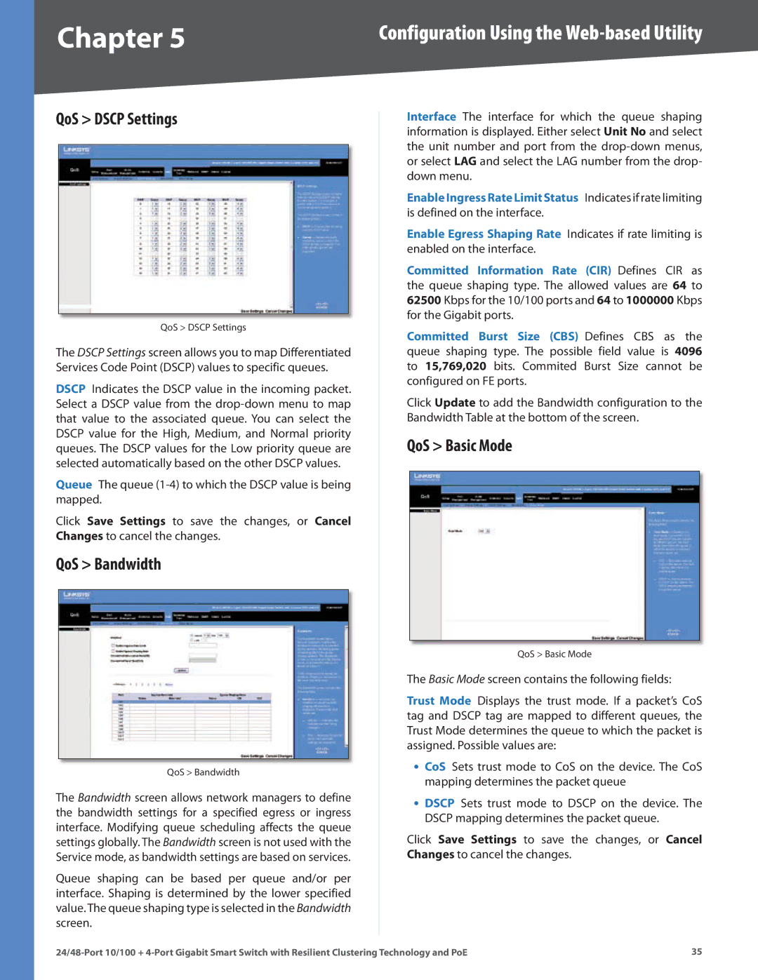 Cisco Systems SLM248G4PS, SLM224G4PS manual QoS Dscp Settings, QoS Bandwidth, QoS Basic Mode 