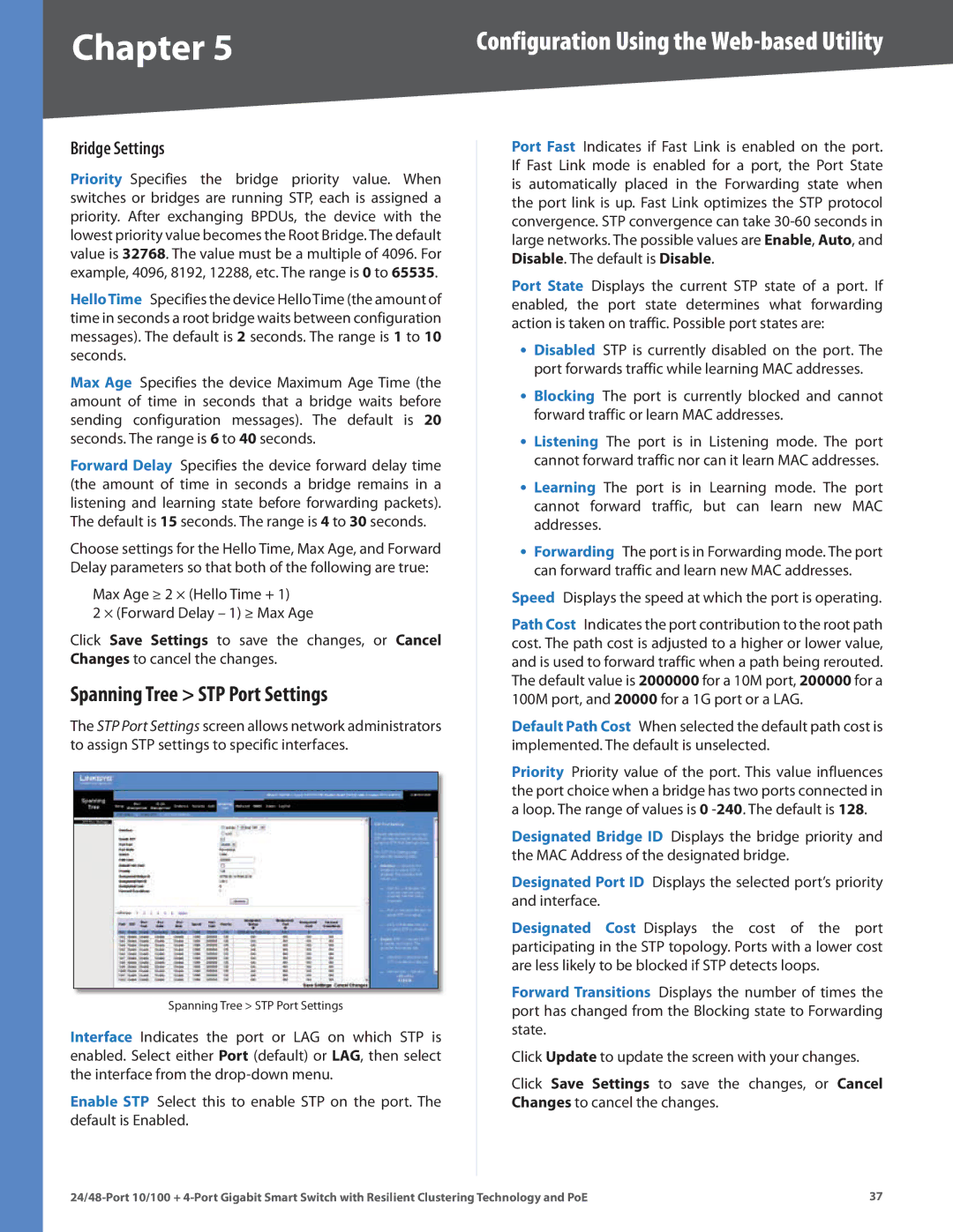 Cisco Systems SLM248G4PS, SLM224G4PS manual Spanning Tree STP Port Settings, Bridge Settings 