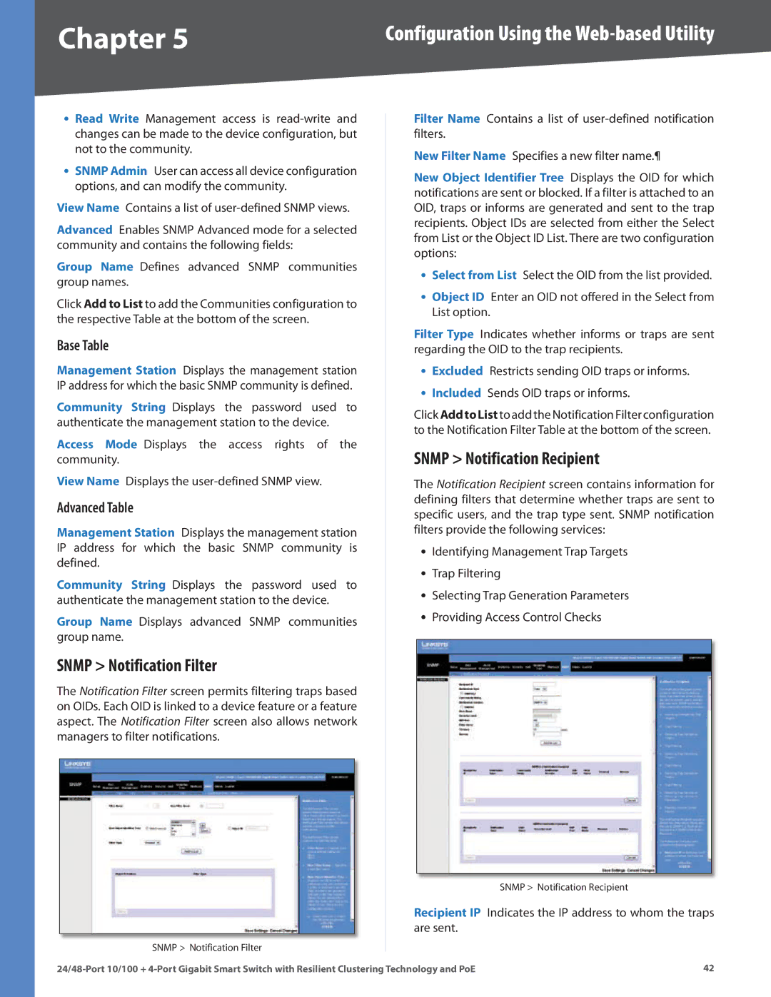 Cisco Systems SLM224G4PS, SLM248G4PS Snmp Notification Filter, Snmp Notification Recipient, Base Table, Advanced Table 