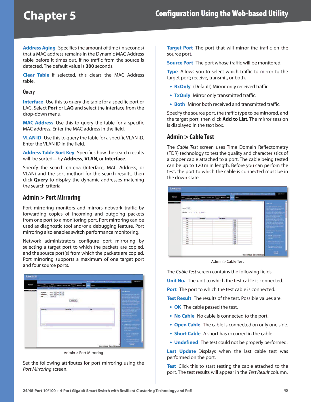 Cisco Systems SLM248G4PS, SLM224G4PS manual Admin Port Mirroring, Admin Cable Test, Query 