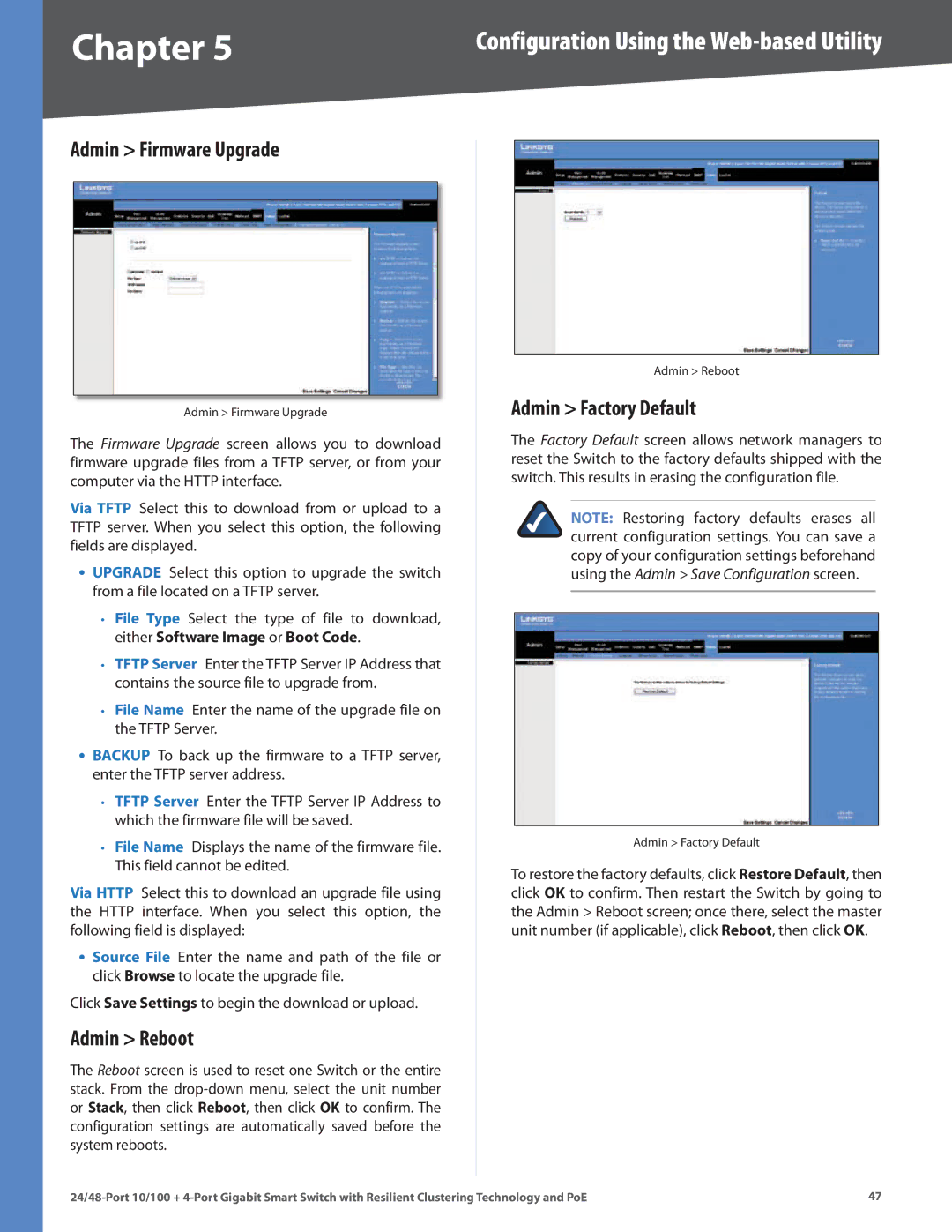 Cisco Systems SLM248G4PS, SLM224G4PS manual Admin Firmware Upgrade, Admin Reboot, Admin Factory Default 