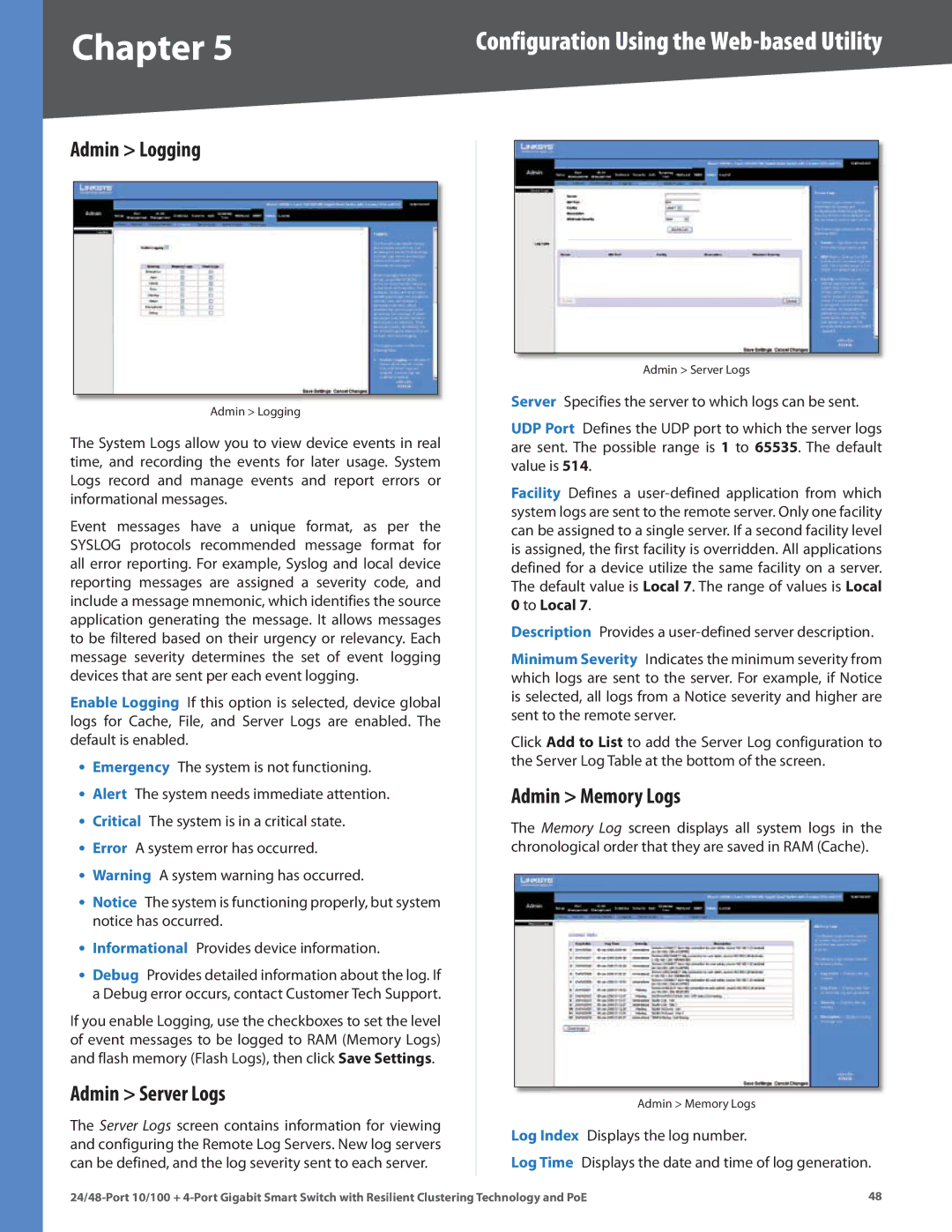 Cisco Systems SLM224G4PS, SLM248G4PS manual Admin Logging, Admin Server Logs, Admin Memory Logs 