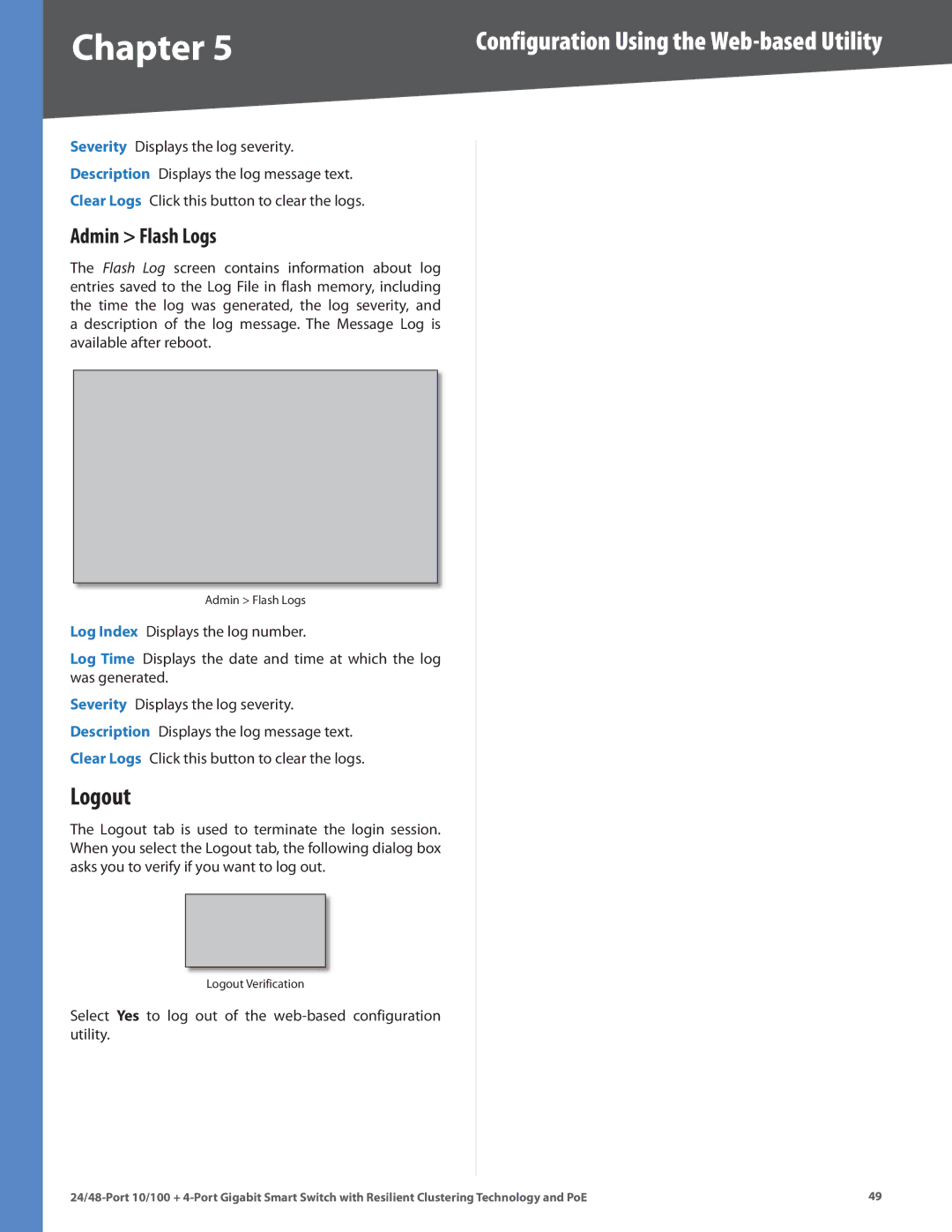 Cisco Systems SLM248G4PS, SLM224G4PS manual Logout, Admin Flash Logs 