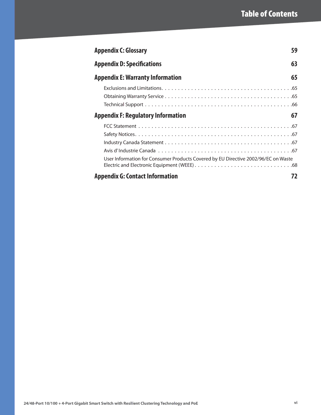 Cisco Systems SLM224G4PS, SLM248G4PS manual Appendix C Glossary Appendix D Specifications, Appendix G Contact Information 