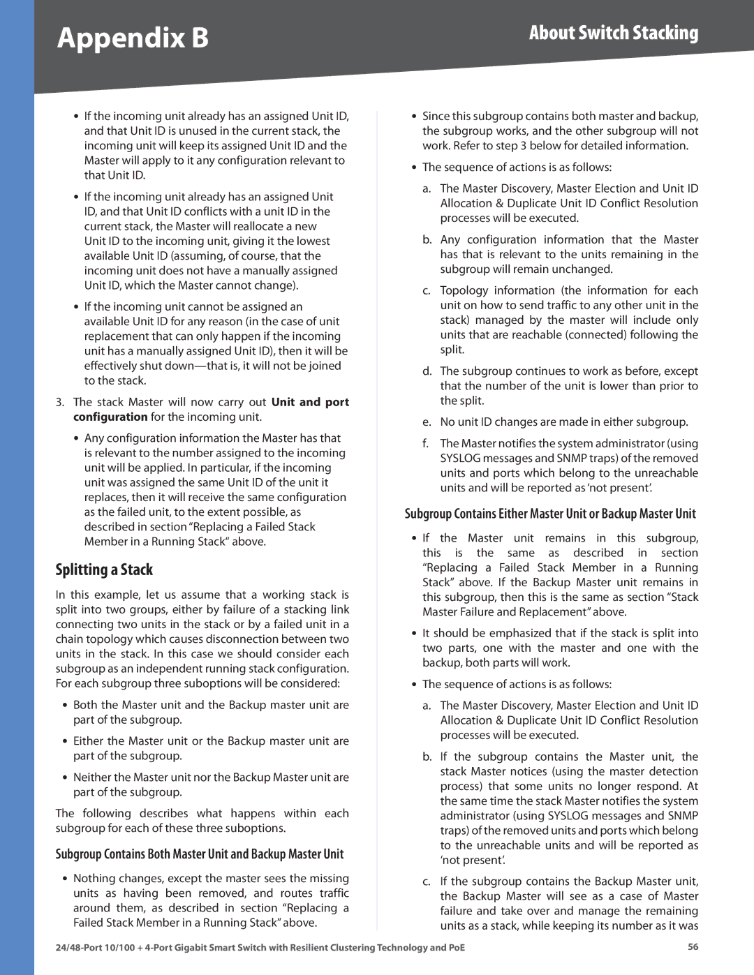 Cisco Systems SLM224G4PS, SLM248G4PS manual Splitting a Stack, Subgroup Contains Both Master Unit and Backup Master Unit 