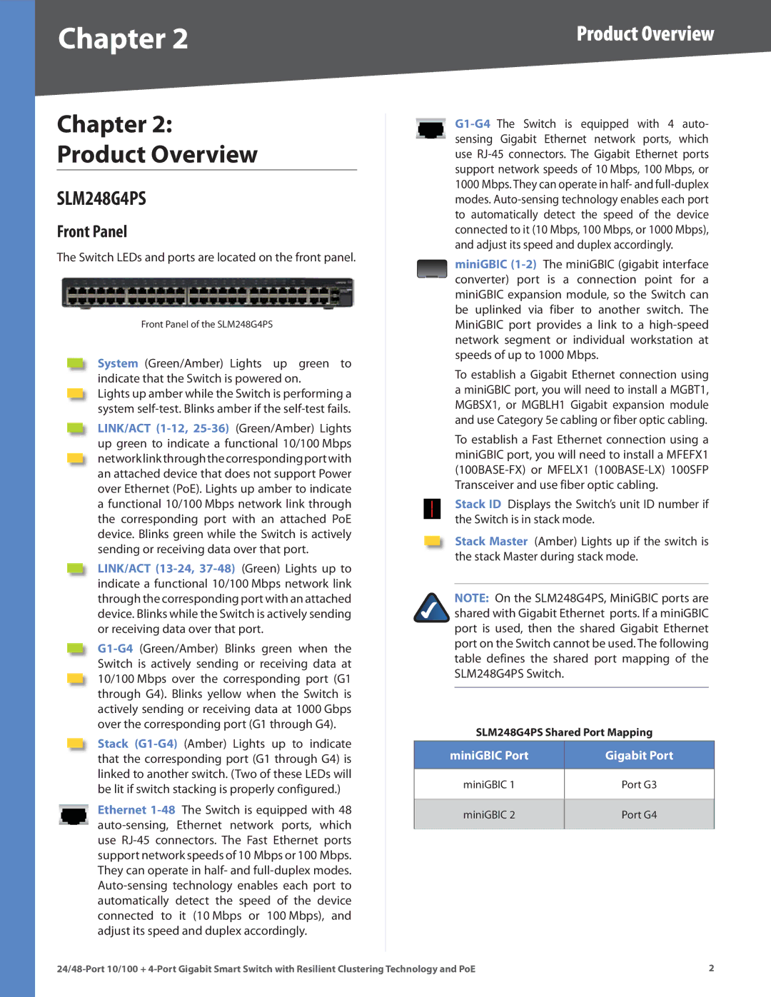 Cisco Systems SLM224G4PS manual Chapter Product Overview, Front Panel, Switch LEDs and ports are located on the front panel 