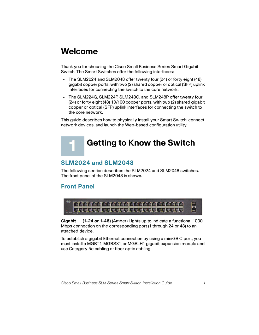 Cisco Systems SLM248P, SLM248G quick start Welcome, Getting to Know the Switch, SLM2024 and SLM2048, Front Panel 