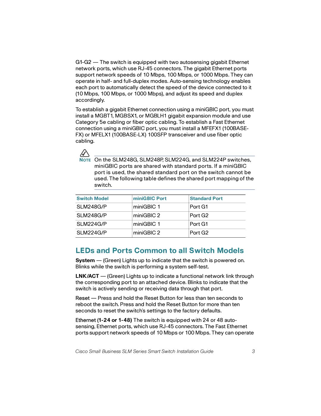 Cisco Systems SLM248G, SLM2024, SLM248P, SLM2048 quick start LEDs and Ports Common to all Switch Models 