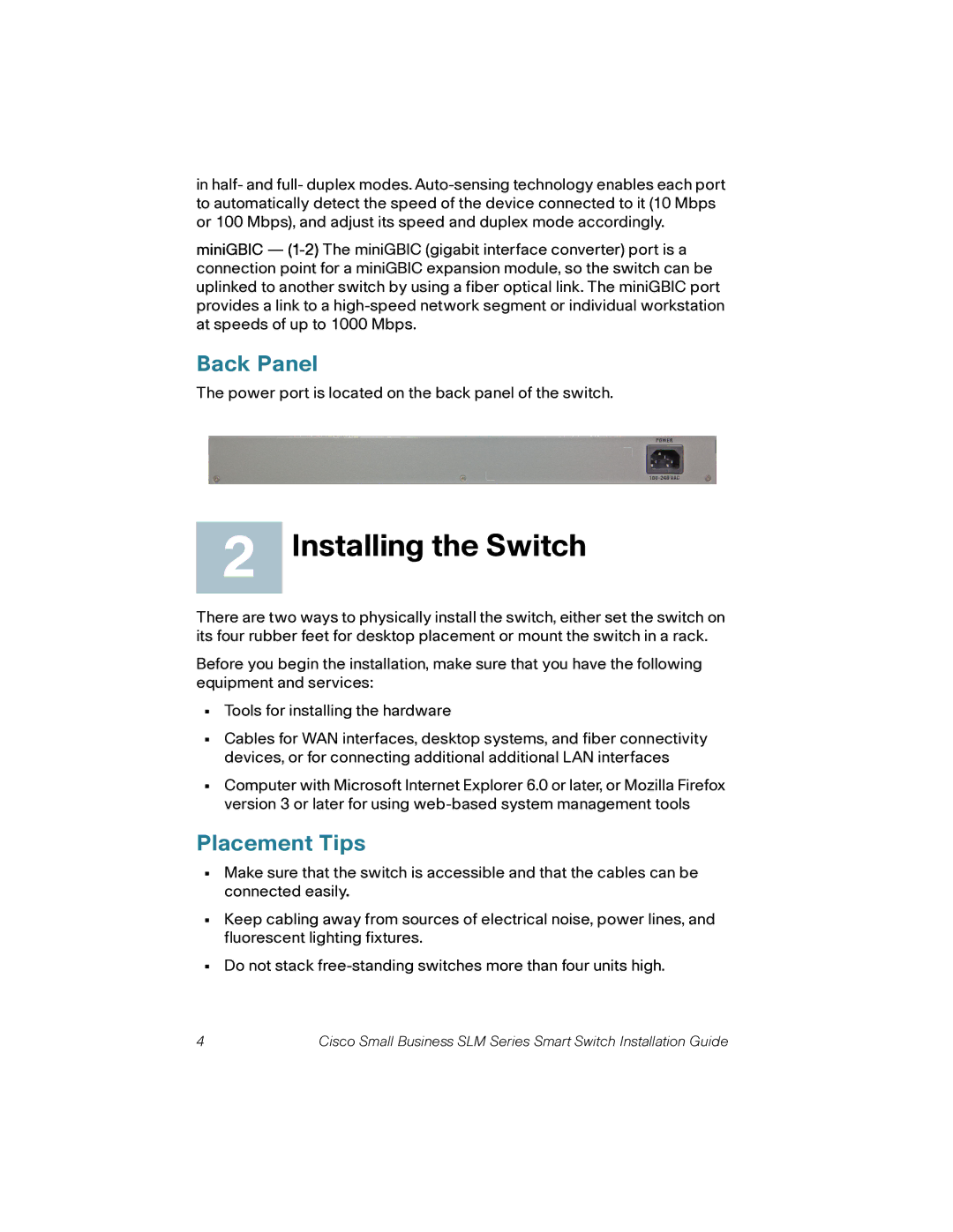 Cisco Systems SLM2024, SLM248G, SLM248P, SLM2048 quick start Installing the Switch, Back Panel, Placement Tips 