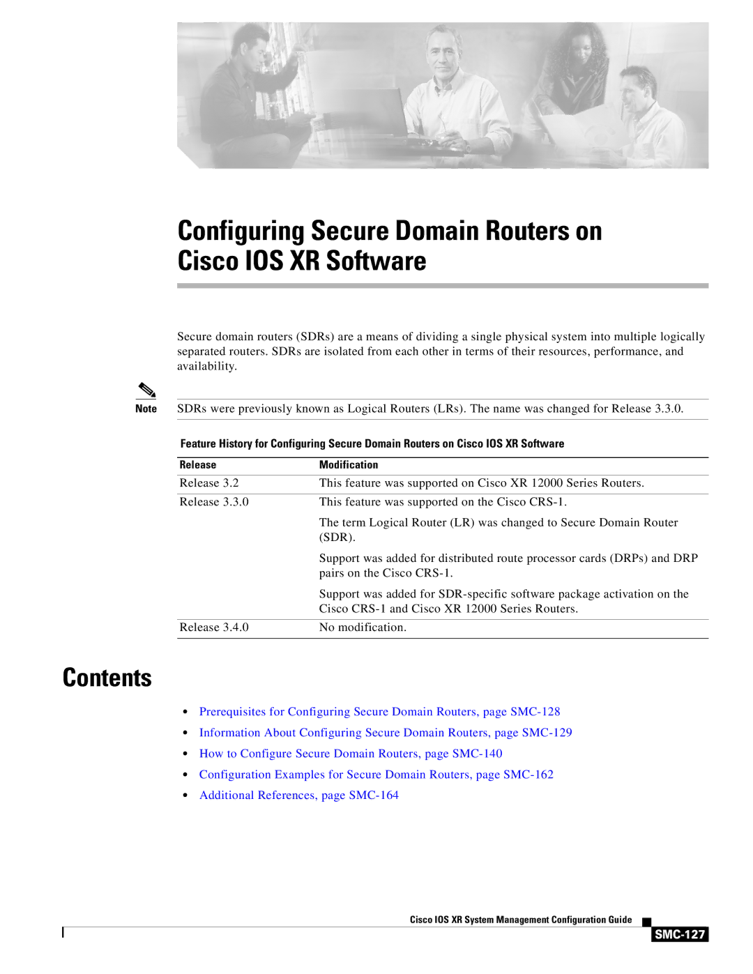 Cisco Systems SMC-127 manual Configuring Secure Domain Routers on Cisco IOS XR Software, Contents 