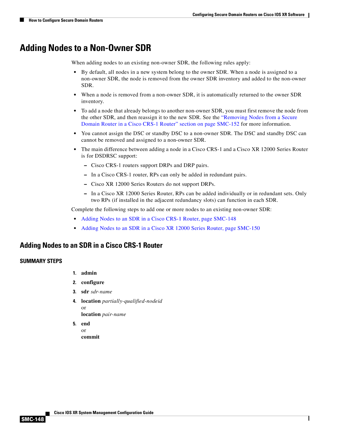 Cisco Systems SMC-127 manual Adding Nodes to a Non-Owner SDR, Adding Nodes to an SDR in a Cisco CRS-1 Router, SMC-148 