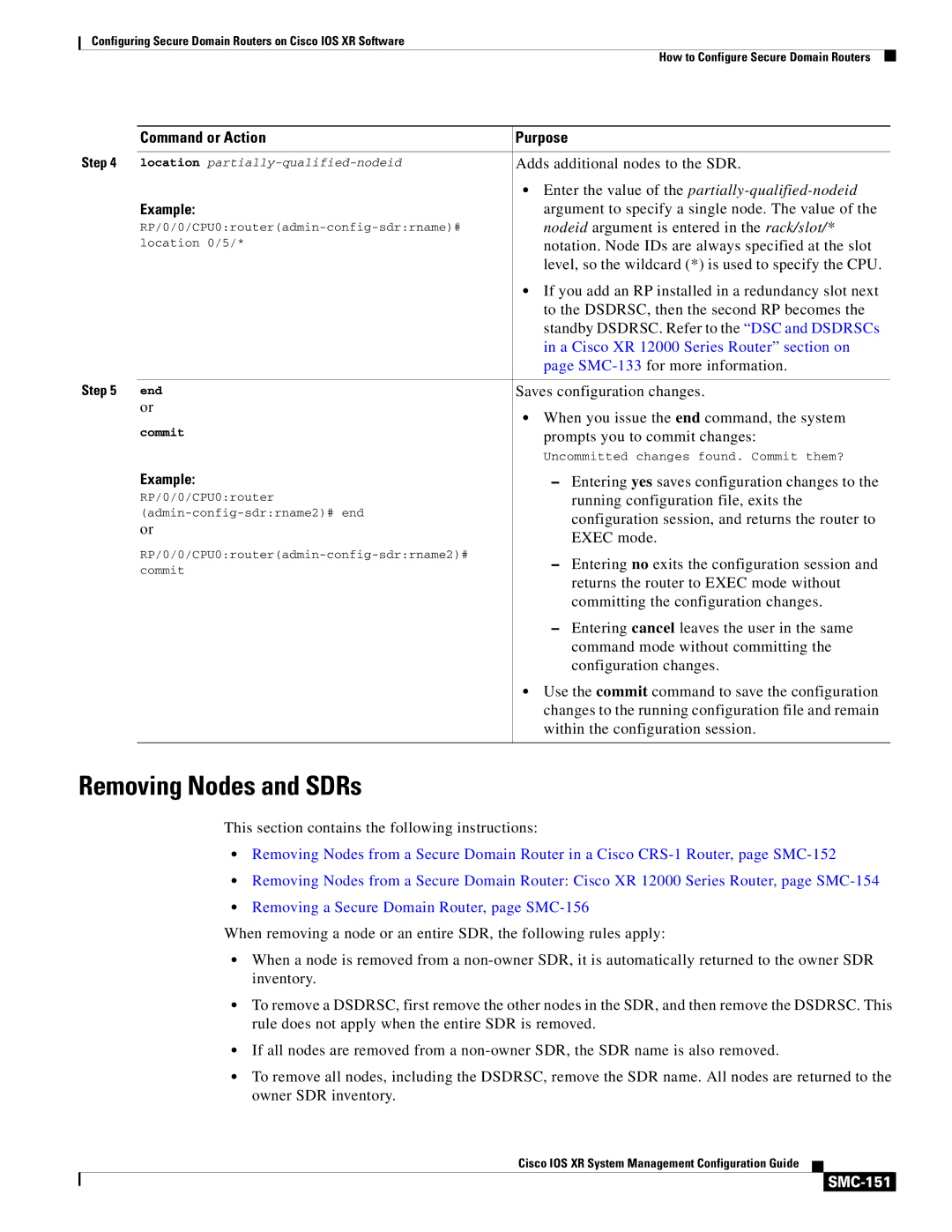 Cisco Systems SMC-127 manual Removing Nodes and SDRs, A Cisco XR 12000 Series Router section on, SMC-151 