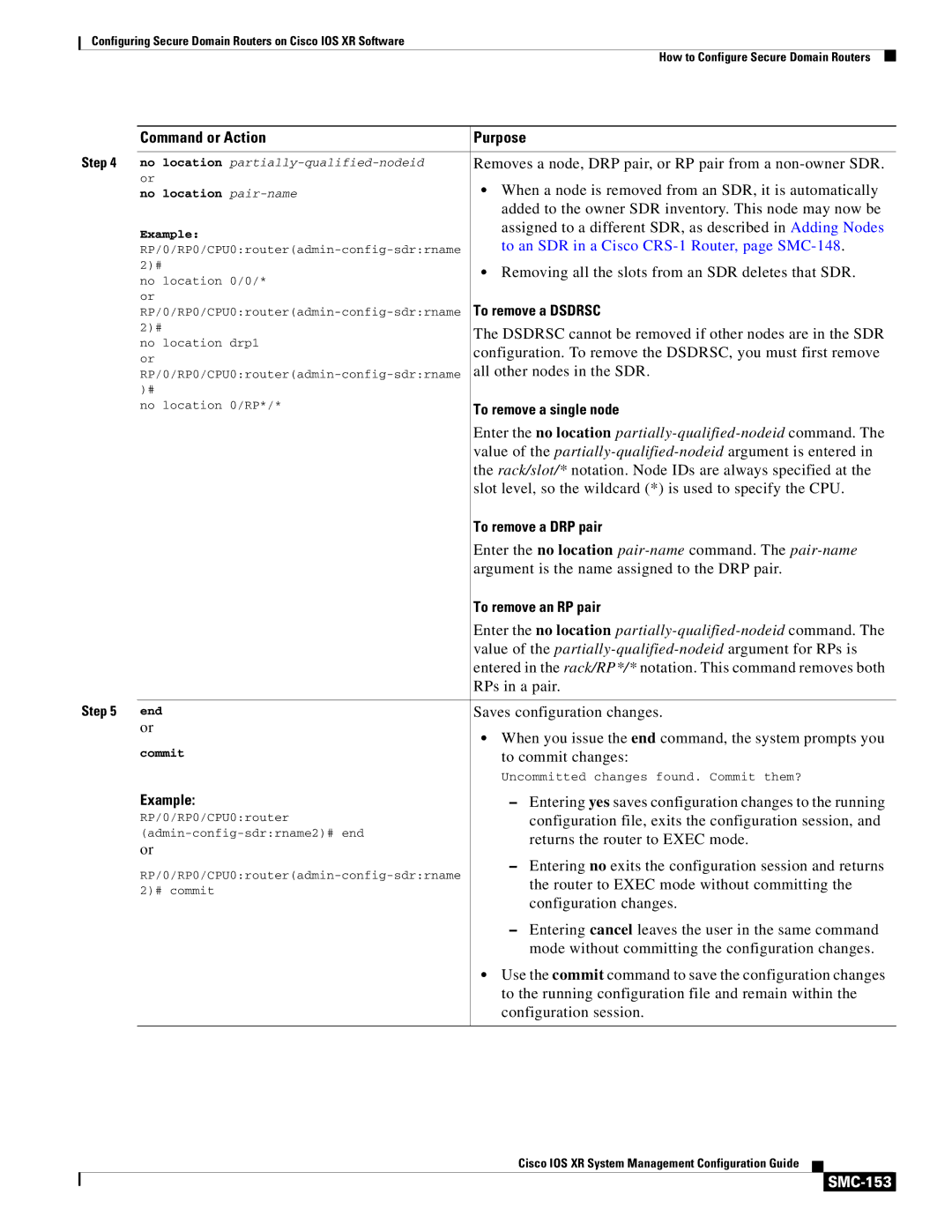 Cisco Systems SMC-127 To remove a Dsdrsc, To remove a single node, To remove a DRP pair, To remove an RP pair, SMC-153 