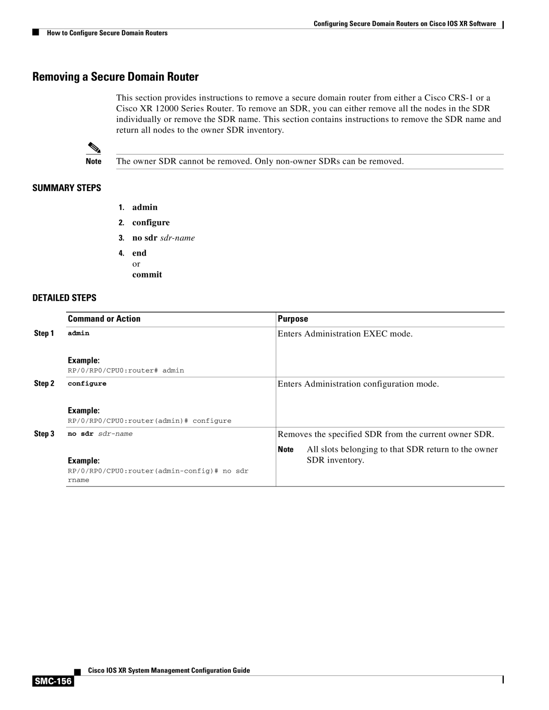 Cisco Systems SMC-127 manual Removing a Secure Domain Router, SMC-156 