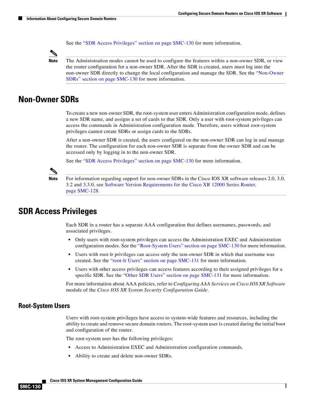 Cisco Systems SMC-127 manual Non-Owner SDRs, SDR Access Privileges, Root-System Users, SMC-130 