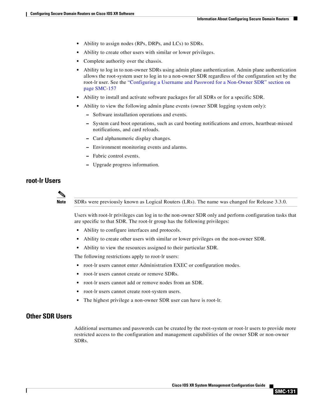 Cisco Systems SMC-127 manual Root-lr Users, Other SDR Users, SMC-131 