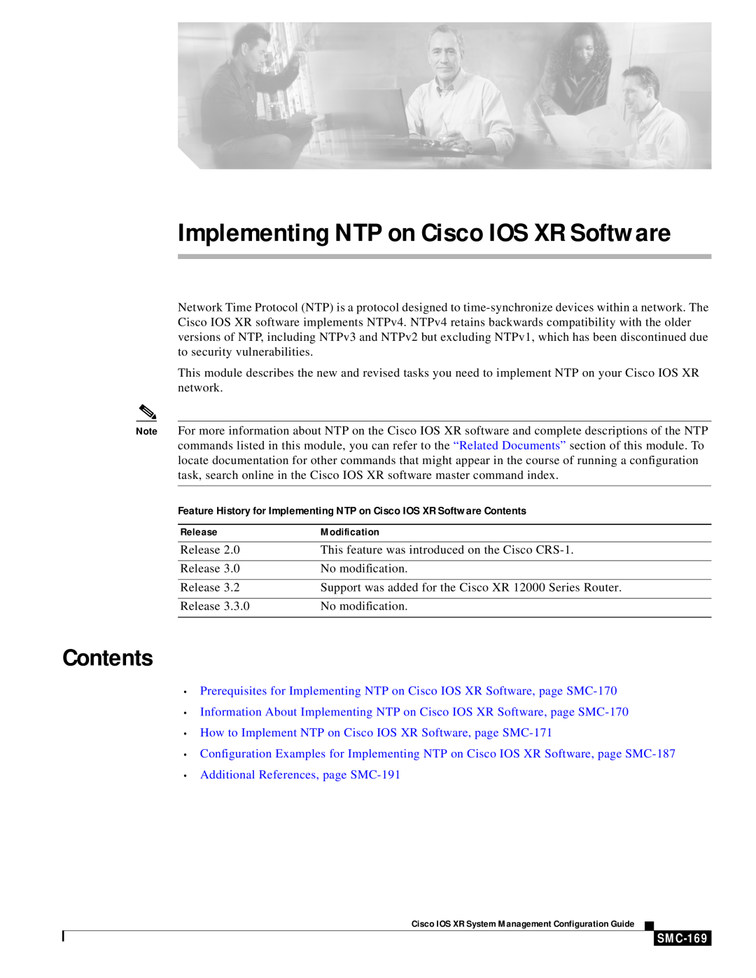Cisco Systems SMC-169 manual Contents, Implementing NTP on Cisco IOS XR Software 